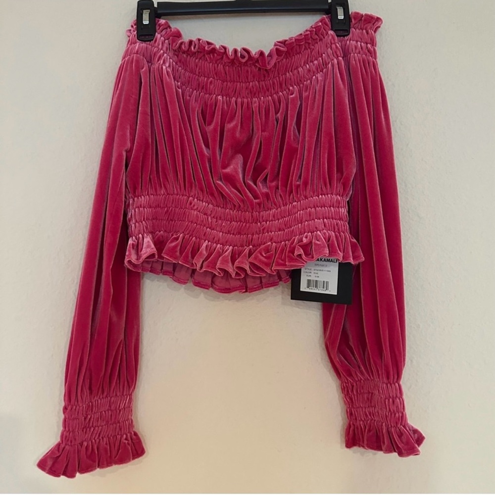 ‼️WOW‼️Norma Kamali NWT Off The Shoulder Small Rose Pink Velvet CROP Blouse‼️